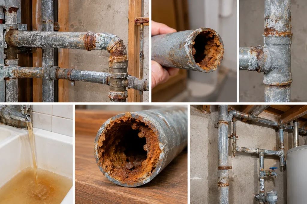Rust and corrosion inside galvanized pipes in an old US home plumbing system