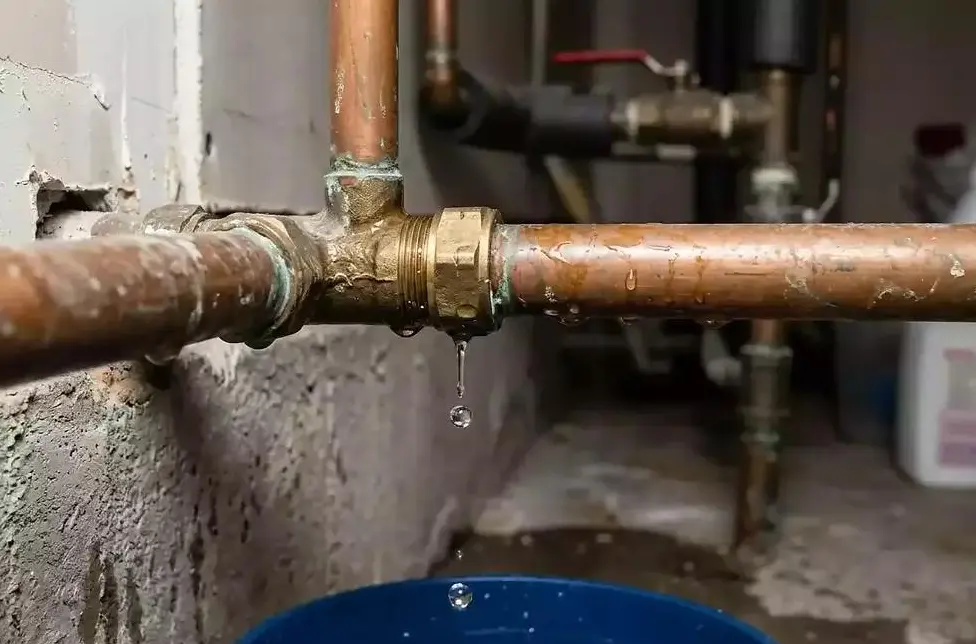 A corroded pipe joint with signs of moisture in an older home's basement plumbing system
