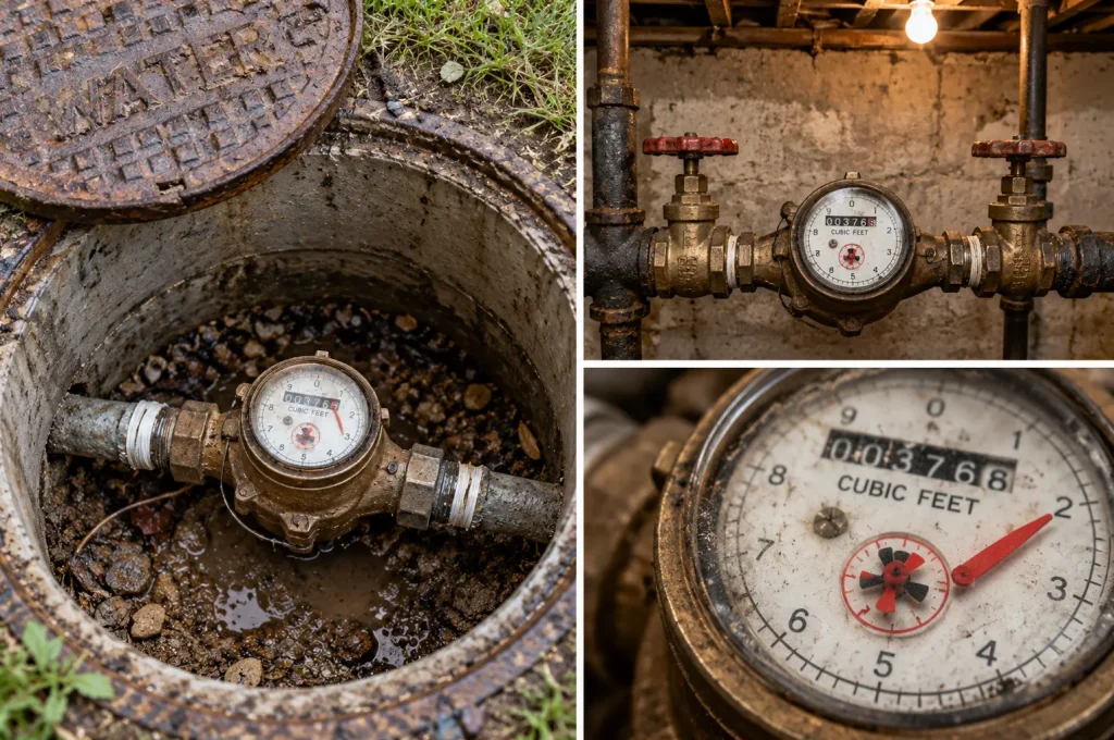 A homeowner checking a residential water meter to investigate a possible hidden plumbing leak