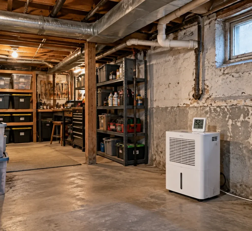 A hygrometer and dehumidifier used to monitor humidity and control moisture in an older home's basement