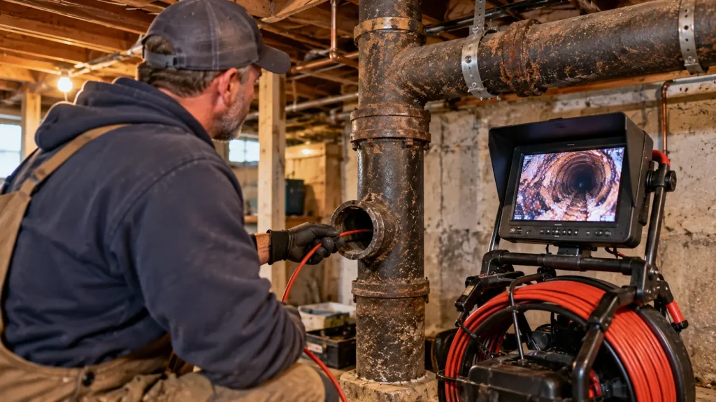 A plumber inspecting an older home's cast iron drain system to assess corrosion and determine necessary repairs