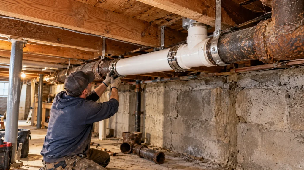 A plumber replacing a damaged section of cast iron drain pipe in an older home's basement