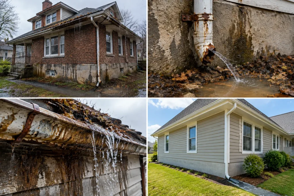 Clogged gutters and poor drainage causing water to collect beside an older home's foundation