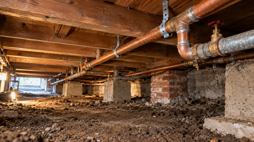 Exposed water pipes in an older home's basement that may be vulnerable to freezing winter temperatures