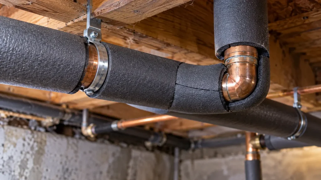 Insulated water pipes in an older home's basement prepared to reduce the risk of freezing during winter