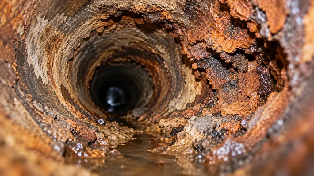 Internal corrosion and scale buildup inside an old cast iron drain pipe in an older US home