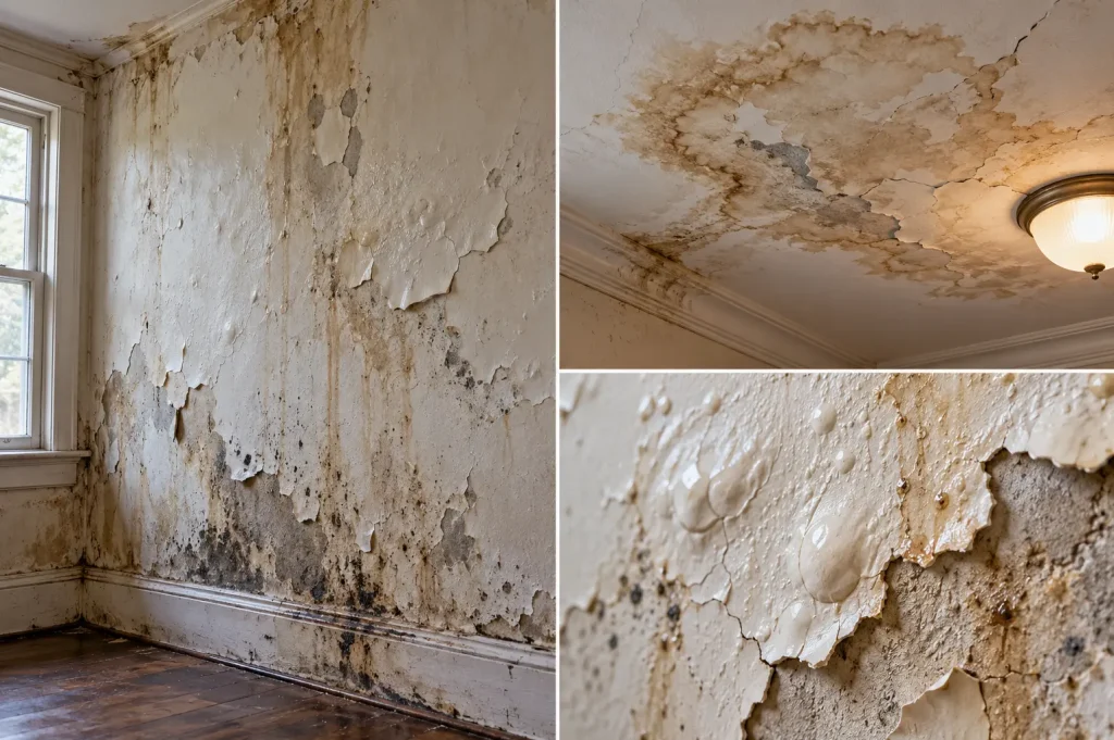 Water stains and peeling paint caused by a possible hidden water leak in an old house