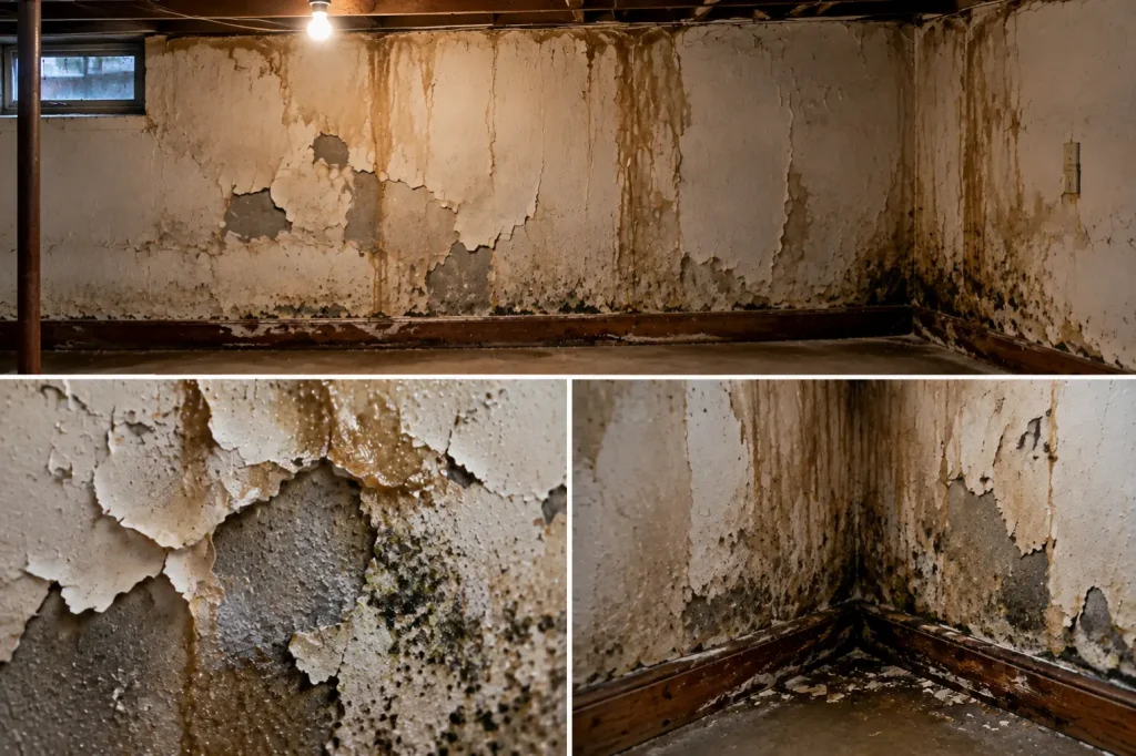 Water stains and peeling paint on a basement wall in an older American home