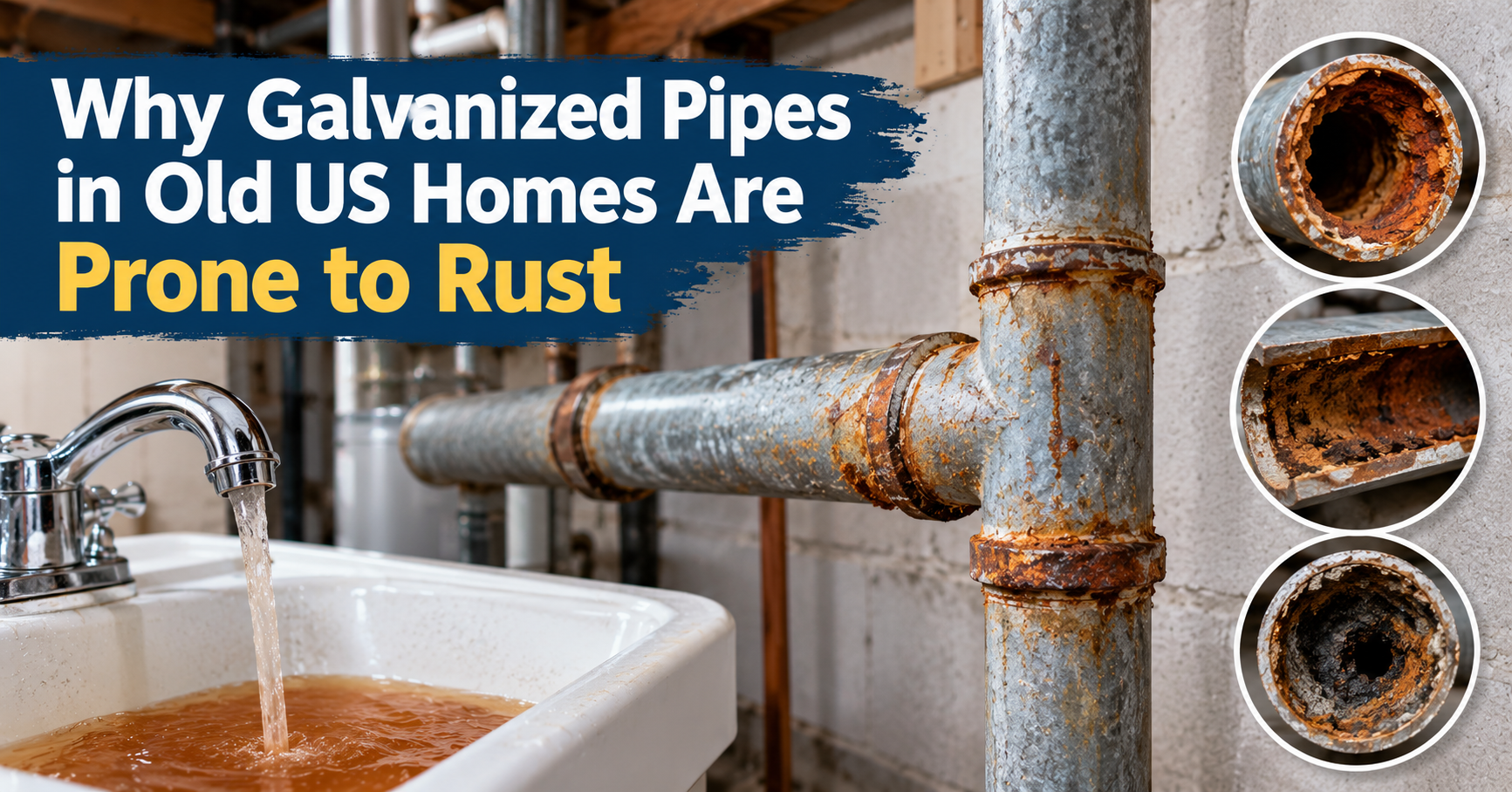 Rust and corrosion inside galvanized pipes in an old US home plumbing system
